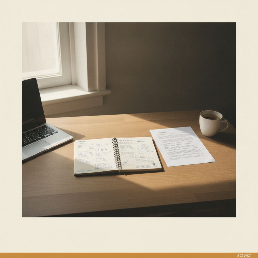 A desk in natural light: open notebook with handwritten notes, a printed single-page document, laptop closed at the edge, no faces and no branded materials