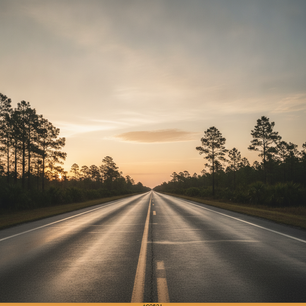 Empty two-lane Lowcountry road at first light running toward a low horizon, pines and open sky, wet asphalt catching soft light, no vehicles or people, no signage text