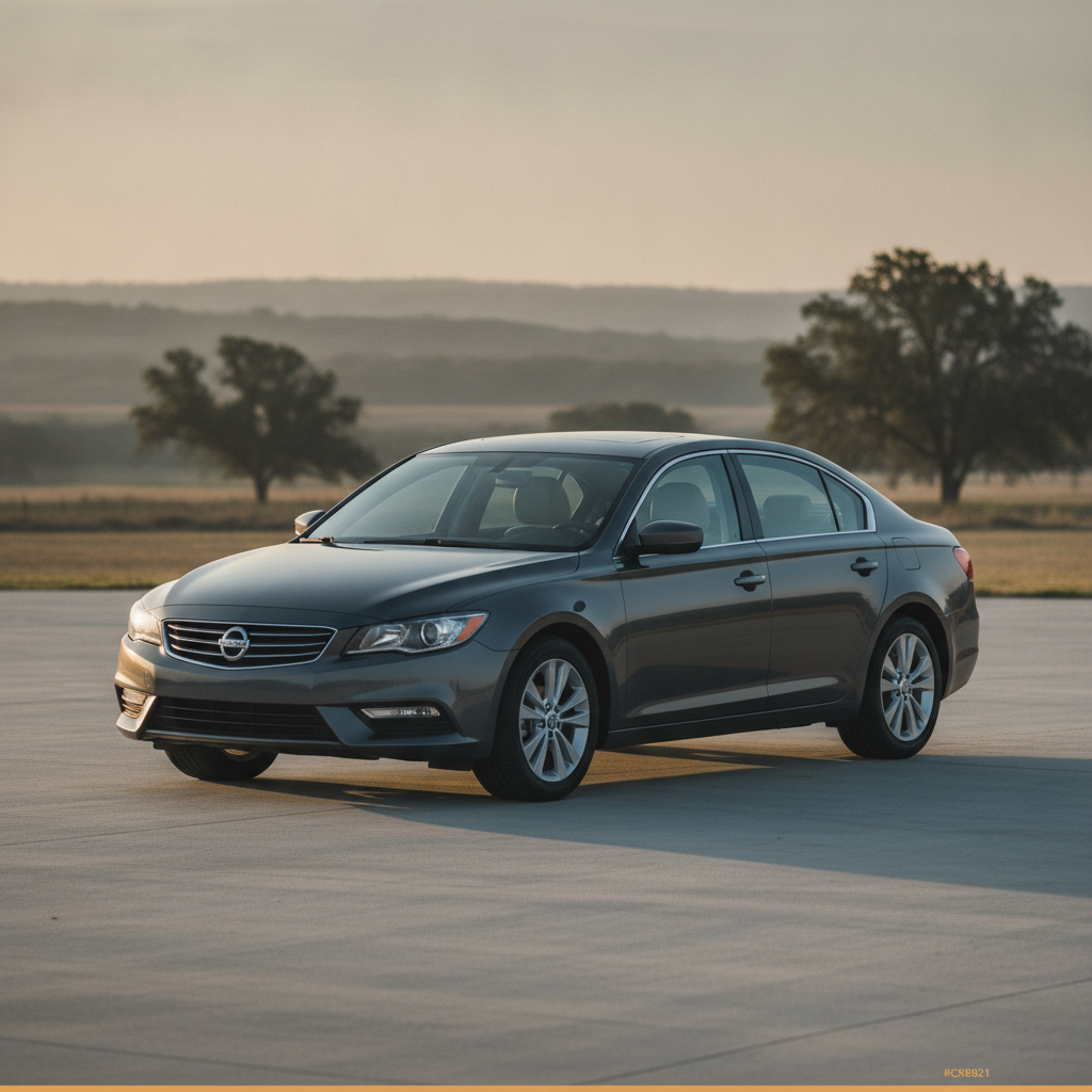 A clean mid-size sedan or SUV photographed three-quarter front in early natural light on plain pavement, no badges legible, no showroom, no people