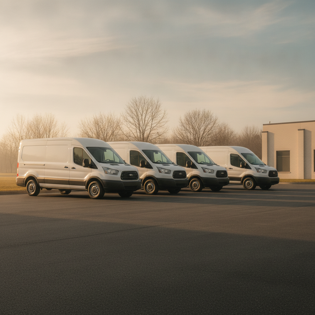 A short row of clean matching work vans parked on plain asphalt in early morning light, no logos, no people, no readable plates