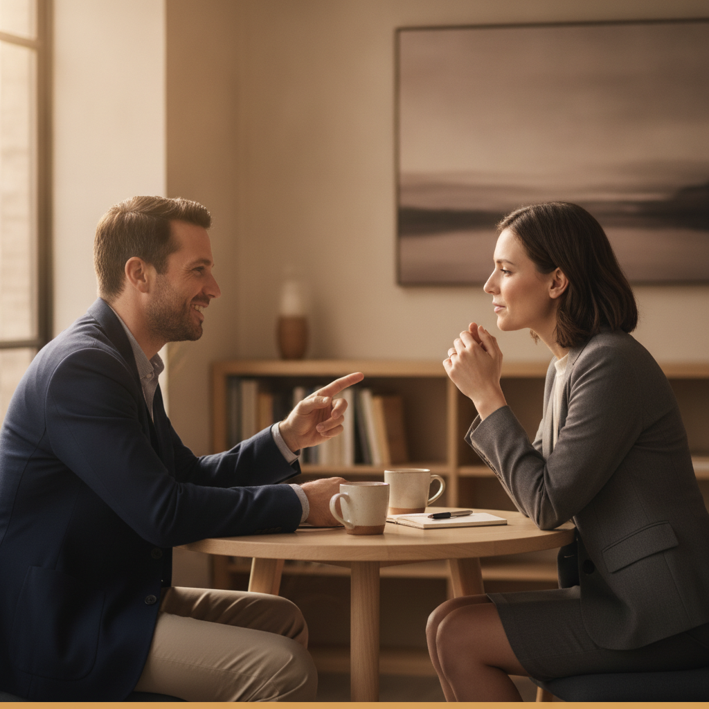Two people seated across a small bright table, turned toward each other in genuine mid-conversation, one gesturing while the other listens and nods, warm natural window light, seen in relaxed side profile, casual business dress, no readable text anywhere
