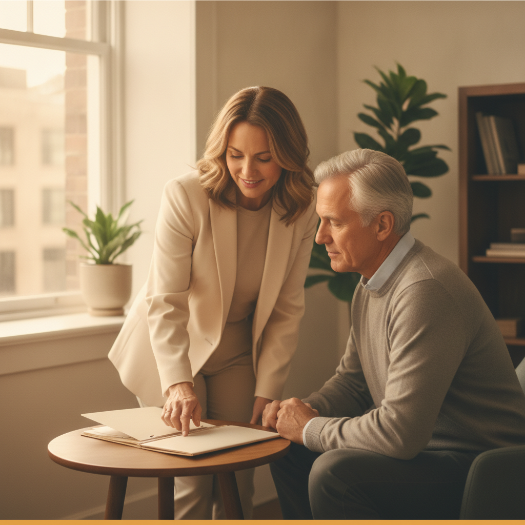 An advisor standing beside a seated client, both looking together at the same closed plain folder the advisor is pointing to, heads angled toward one another, warm office light, three-quarter angle, absolutely no text, no numbers, no labels, no watermarks anywhere in the frame, clean unmarked surfaces