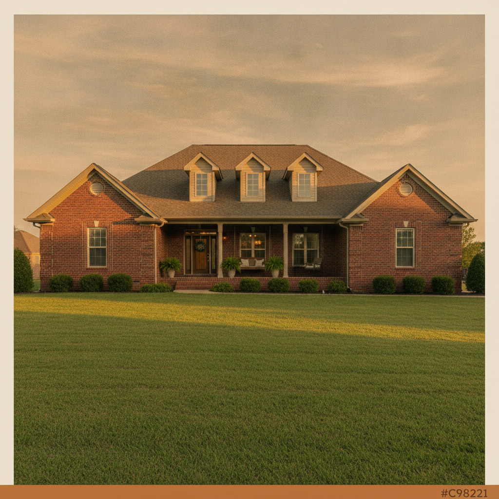 Handsome brick single-family home with a manicured lawn and inviting porch at golden hour, warm window light, no people, no signage
