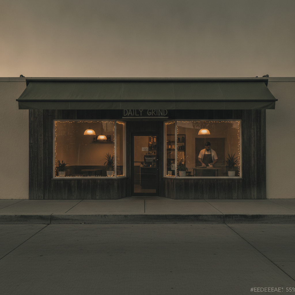 Small storefront or shop exterior at opening time, lights just on inside, sidewalk empty