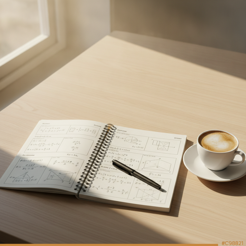 Notebook, printed figures and a pen on a plain wooden table beside a coffee cup, hands out of frame, natural window light