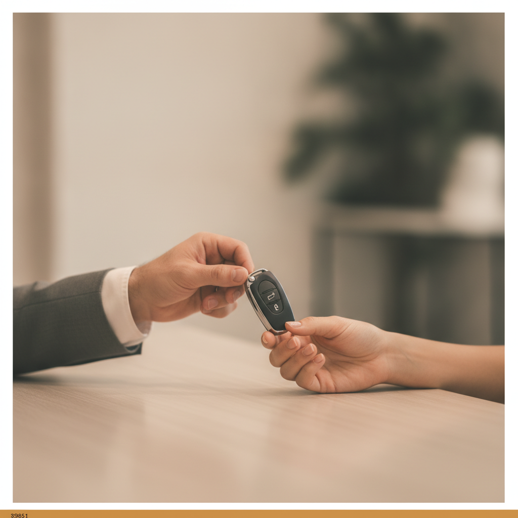 Car keys mid-handoff between two pairs of hands over a plain counter, faces out of frame entirely